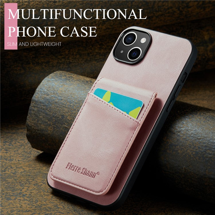 FIERRE SHANN For iPhone 14 Plus Card Slots Kickstand Phone Case RFID Blocking PU Leather+TPU Back Cover - Pink