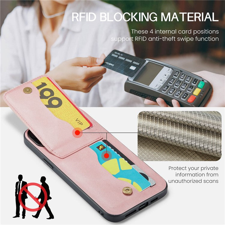 FIERRE SHANN For iPhone 14 Plus Card Slots Kickstand Phone Case RFID Blocking PU Leather+TPU Back Cover - Pink