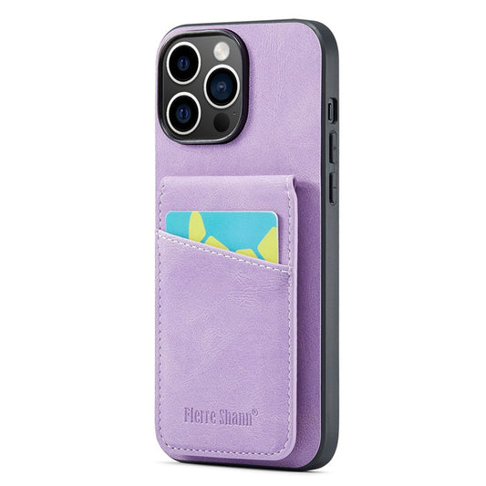 FIERRE SHANN For iPhone 14 Pro Phone Cover Crazy Horse Texture Kickstand PU Leather+TPU Case with Card Slot - Purple