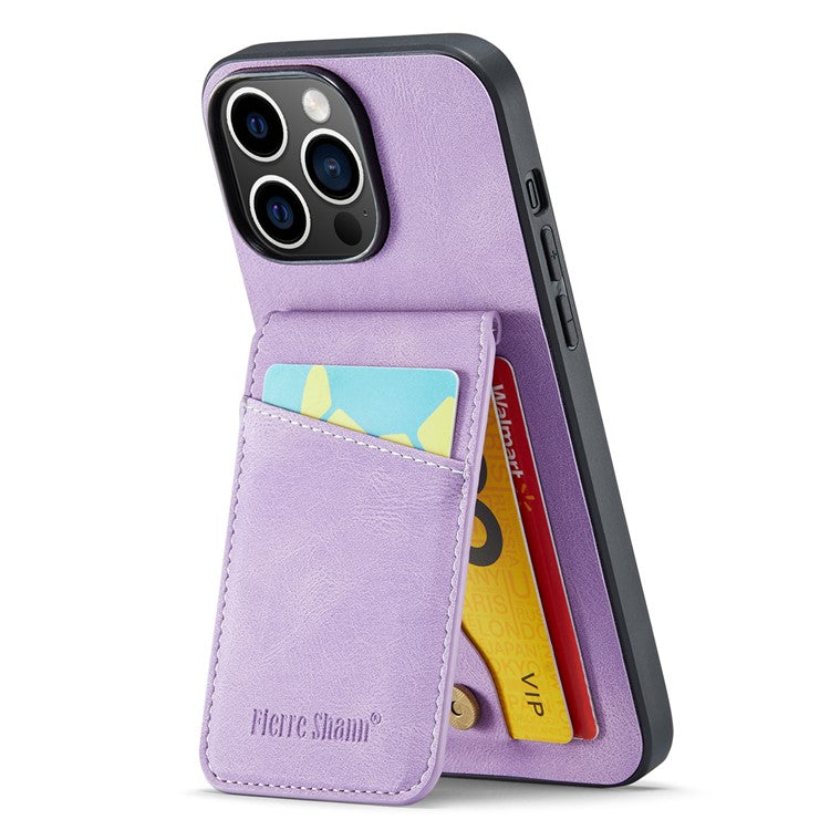 FIERRE SHANN For iPhone 14 Pro Phone Cover Crazy Horse Texture Kickstand PU Leather+TPU Case with Card Slot - Purple