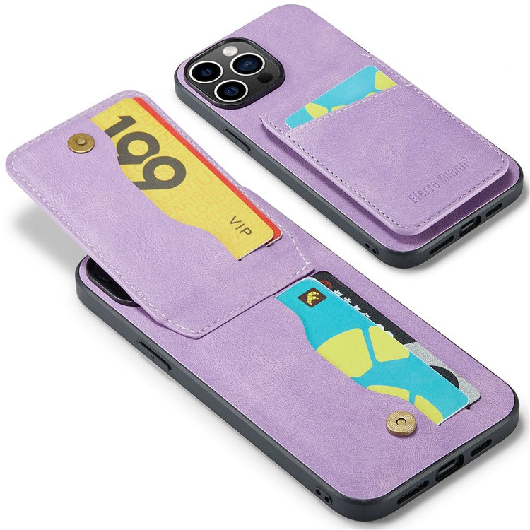 FIERRE SHANN For iPhone 14 Pro Phone Cover Crazy Horse Texture Kickstand PU Leather+TPU Case with Card Slot - Purple