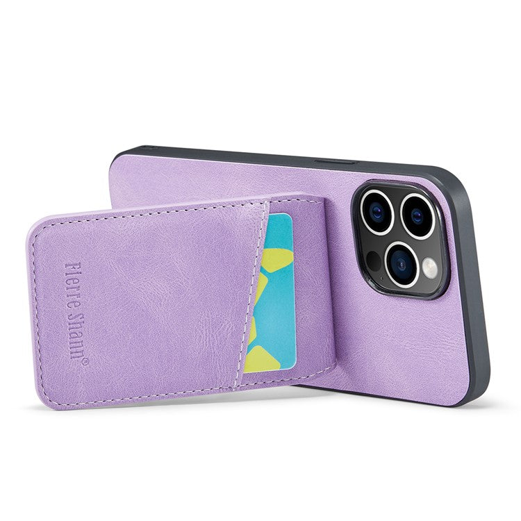 FIERRE SHANN For iPhone 14 Pro Phone Cover Crazy Horse Texture Kickstand PU Leather+TPU Case with Card Slot - Purple