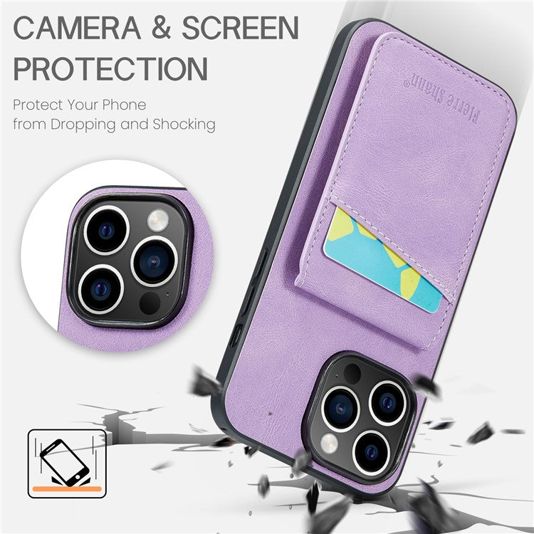 FIERRE SHANN For iPhone 14 Pro Phone Cover Crazy Horse Texture Kickstand PU Leather+TPU Case with Card Slot - Purple