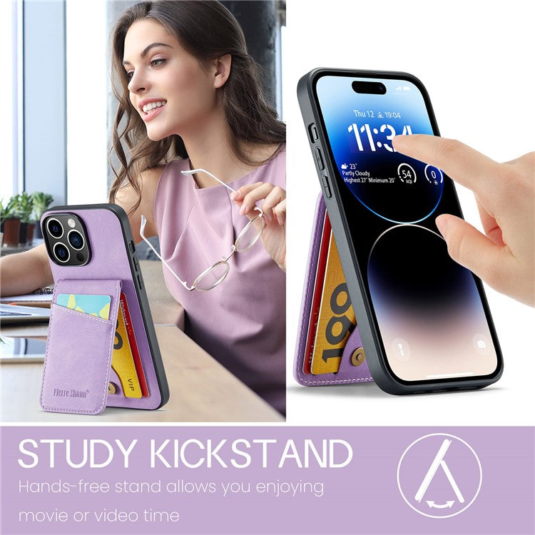 FIERRE SHANN For iPhone 14 Pro Phone Cover Crazy Horse Texture Kickstand PU Leather+TPU Case with Card Slot - Purple