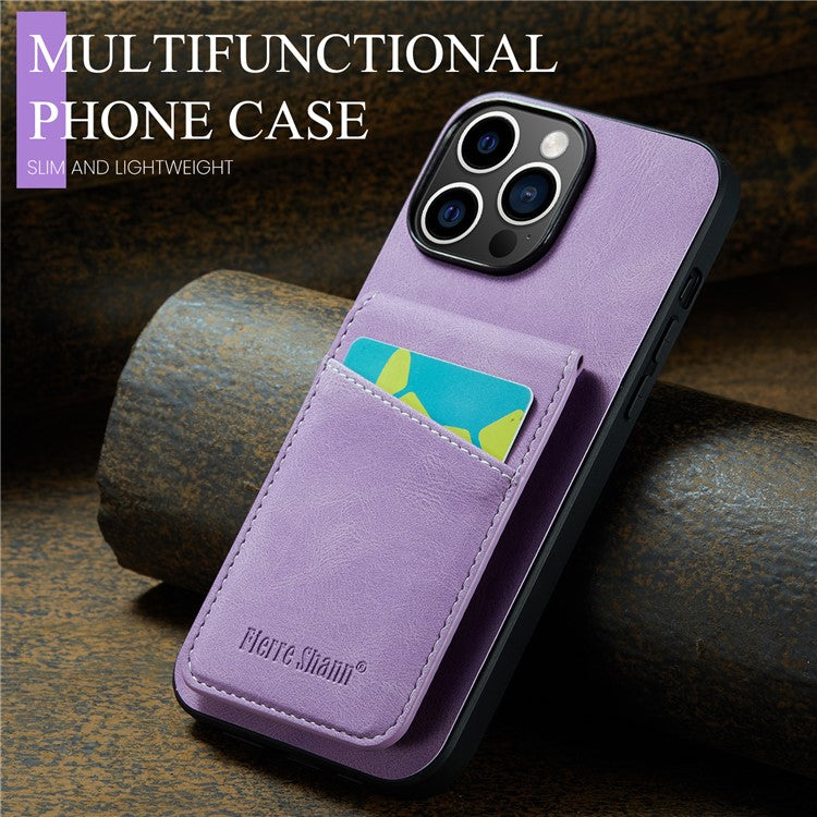 FIERRE SHANN For iPhone 14 Pro Phone Cover Crazy Horse Texture Kickstand PU Leather+TPU Case with Card Slot - Purple