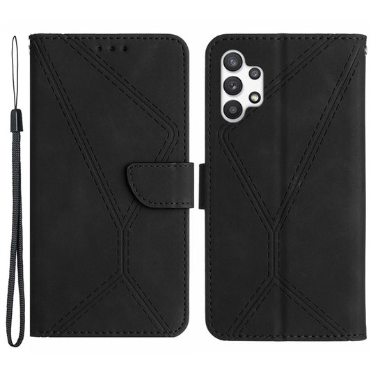 HT05 For Samsung Galaxy A13 4G Phone Leather Case Imprinted Line Wallet Stand Phone Cover - Black
