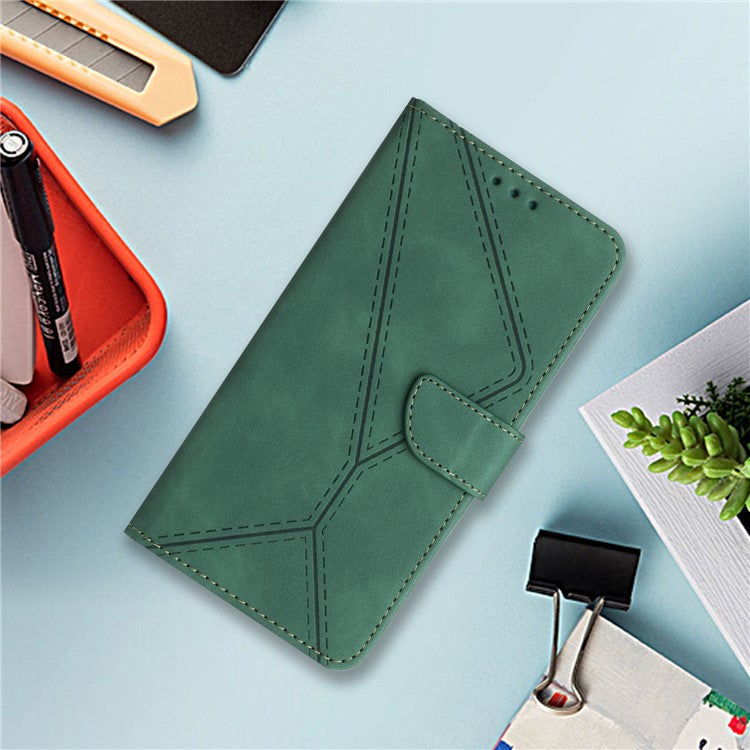HT05 For Samsung Galaxy A13 4G Phone Leather Case Imprinted Line Wallet Stand Phone Cover - Green
