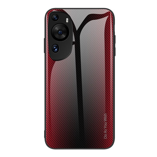 Protective Cover for Huawei P60 Art Carbon Fiber Texture Tempered Glass+Soft TPU Phone Case - Red
