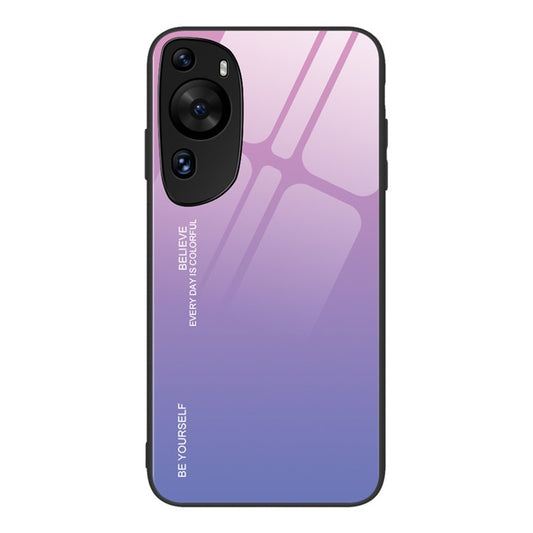 For Huawei P60 Art Gradient Color Phone Case Anti-Scratch Tempered Glass + PC + TPU Hybrid Cover - Pink+Purple