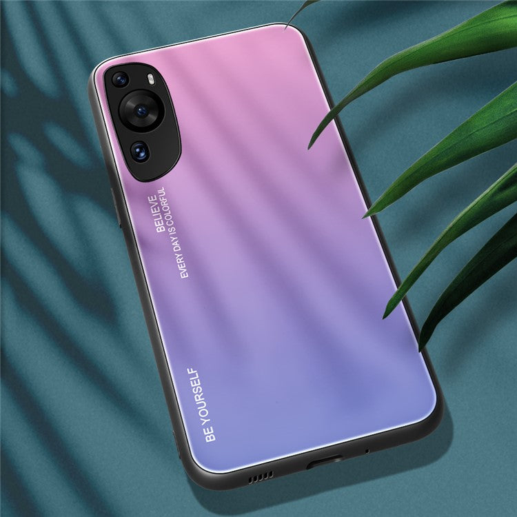 For Huawei P60 Art Gradient Color Phone Case Anti-Scratch Tempered Glass + PC + TPU Hybrid Cover - Pink+Purple