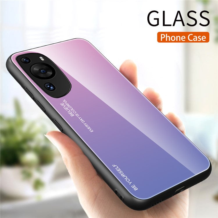 For Huawei P60 Art Gradient Color Phone Case Anti-Scratch Tempered Glass + PC + TPU Hybrid Cover - Pink+Purple