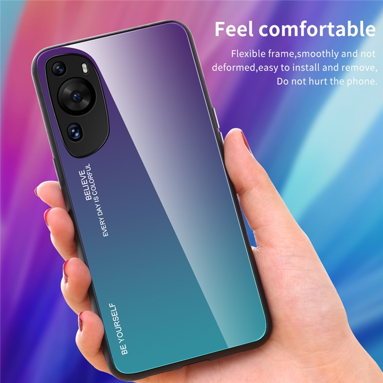 For Huawei P60 Art Gradient Color Phone Case Anti-Scratch Tempered Glass + PC + TPU Hybrid Cover - Pink+Purple
