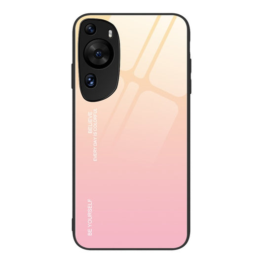 For Huawei P60 Art Gradient Color Phone Case Anti-Scratch Tempered Glass + PC + TPU Hybrid Cover - Gold+Pink