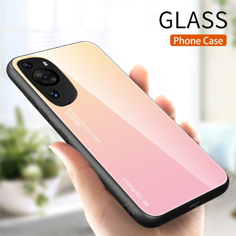For Huawei P60 Art Gradient Color Phone Case Anti-Scratch Tempered Glass + PC + TPU Hybrid Cover - Gold+Pink