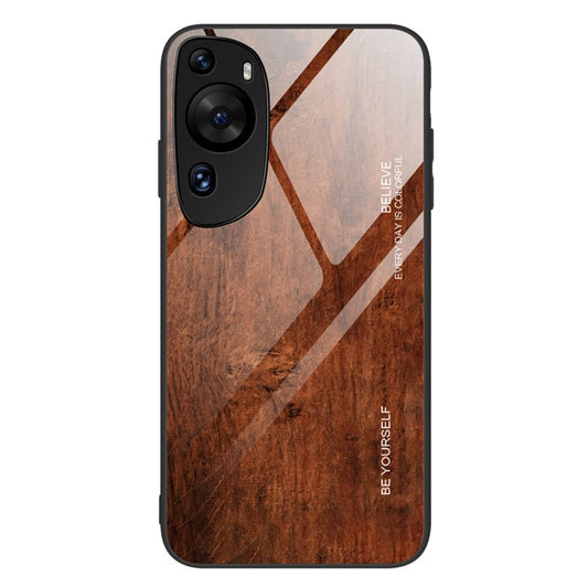 For Huawei P60 Art Wooden Pattern Phone Case Tempered Glass Back + TPU Frame Shockproof Cover - Coffee