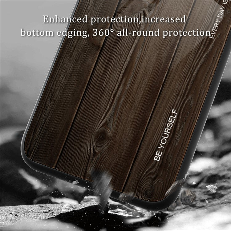 For Huawei P60 Art Wooden Pattern Phone Case Tempered Glass Back + TPU Frame Shockproof Cover - Coffee