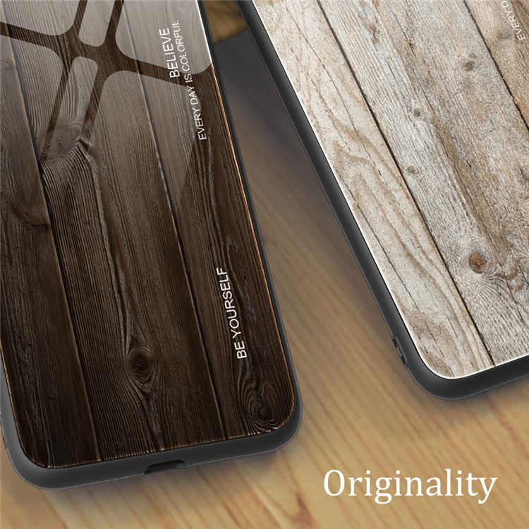 For Huawei P60 Art Wooden Pattern Phone Case Tempered Glass Back + TPU Frame Shockproof Cover - Coffee