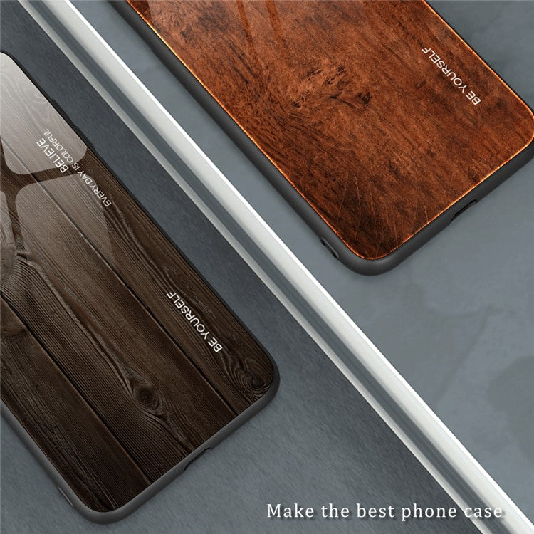 For Huawei P60 Art Wooden Pattern Phone Case Tempered Glass Back + TPU Frame Shockproof Cover - Coffee