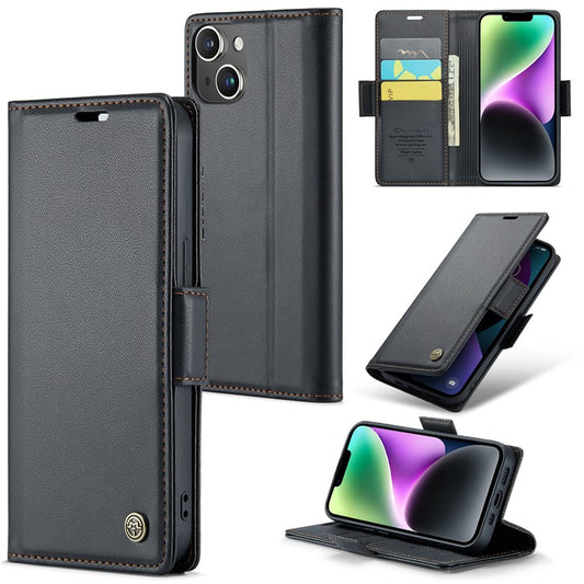 CASEME 023 Series For iPhone 14 Plus PU Leather Wallet Case Litchi Texture Stand RFID Blocking Phone Cover - Black