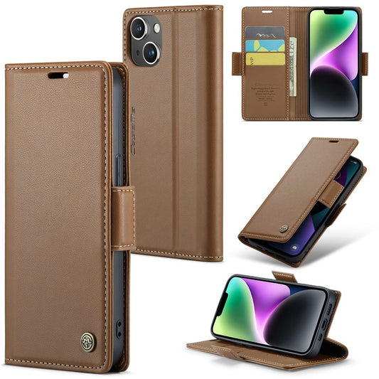 CASEME 023 Series For iPhone 14 Plus PU Leather Wallet Case Litchi Texture Stand RFID Blocking Phone Cover - Brown