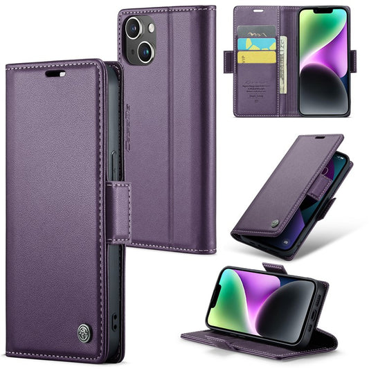 CASEME 023 Series For iPhone 14 Plus PU Leather Wallet Case Litchi Texture Stand RFID Blocking Phone Cover - Purple