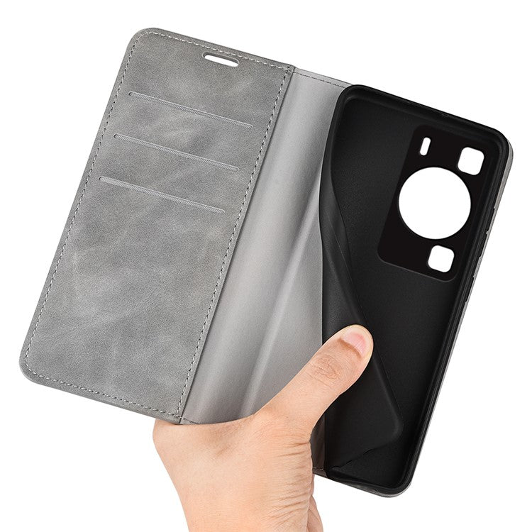 For Huawei P60 PU Leather Flip Wallet Case Skin-Touch Stand Cell Phone Cover - Grey