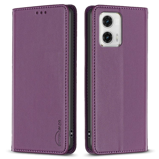 BINFEN COLOR BF18 PU Leather Cover for Motorola Moto G73 5G Card Slot Stand Magnetic Phone Case - Dark Purple