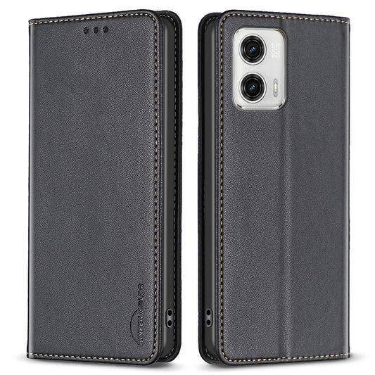 BINFEN COLOR BF18 PU Leather Cover for Motorola Moto G73 5G Card Slot Stand Magnetic Phone Case - Black