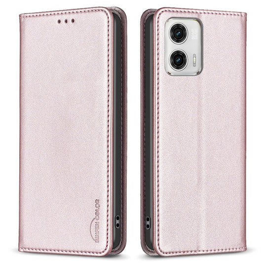 BINFEN COLOR BF18 PU Leather Cover for Motorola Moto G73 5G Card Slot Stand Magnetic Phone Case - Rose Gold