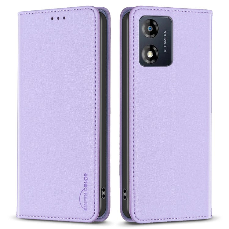 BINFEN COLOR BF18 For Motorola Moto E13 4G Card Slot Design Phone Cover Leather Stand Phone Case - Purple