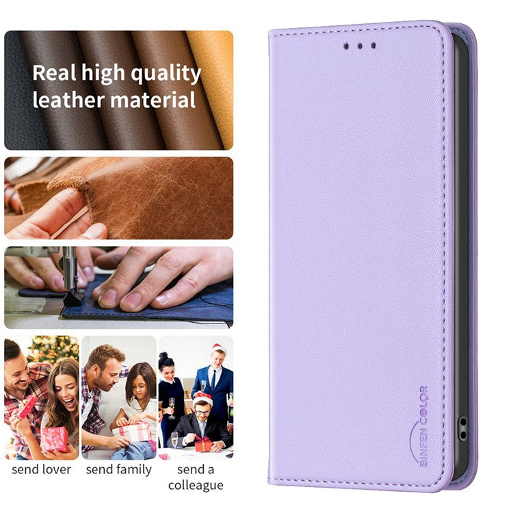 BINFEN COLOR BF18 For Motorola Moto E13 4G Card Slot Design Phone Cover Leather Stand Phone Case - Purple