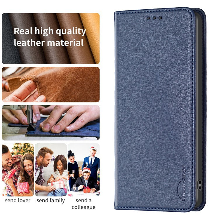 BINFEN COLOR BF18 For Motorola Moto E13 4G Card Slot Design Phone Cover Leather Stand Phone Case - Blue