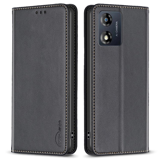 BINFEN COLOR BF18 For Motorola Moto E13 4G Card Slot Design Phone Cover Leather Stand Phone Case - Black