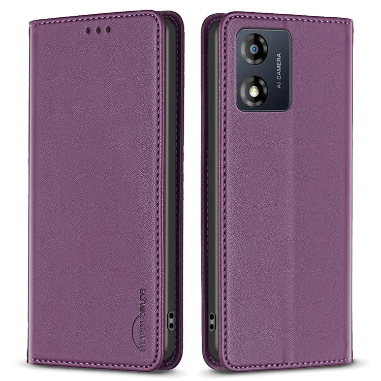 BINFEN COLOR BF18 For Motorola Moto E13 4G Card Slot Design Phone Cover Leather Stand Phone Case - Dark Purple