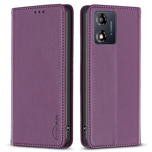 BINFEN COLOR BF18 For Motorola Moto E13 4G Card Slot Design Phone Cover Leather Stand Phone Case - Dark Purple