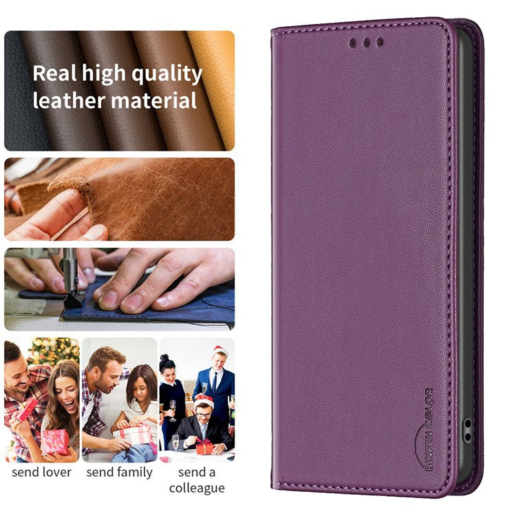 BINFEN COLOR BF18 For Motorola Moto E13 4G Card Slot Design Phone Cover Leather Stand Phone Case - Dark Purple