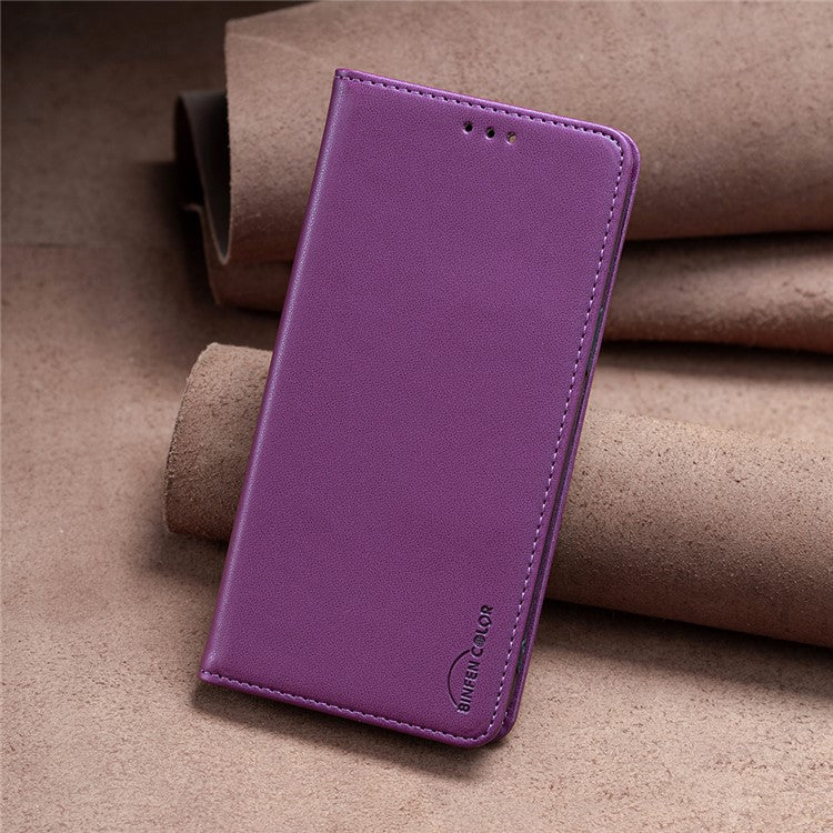 BINFEN COLOR BF18 For Motorola Moto E13 4G Card Slot Design Phone Cover Leather Stand Phone Case - Dark Purple