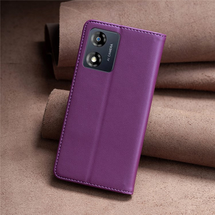 BINFEN COLOR BF18 For Motorola Moto E13 4G Card Slot Design Phone Cover Leather Stand Phone Case - Dark Purple