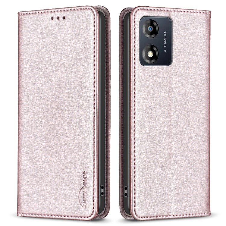 BINFEN COLOR BF18 For Motorola Moto E13 4G Card Slot Design Phone Cover Leather Stand Phone Case - Rose Gold