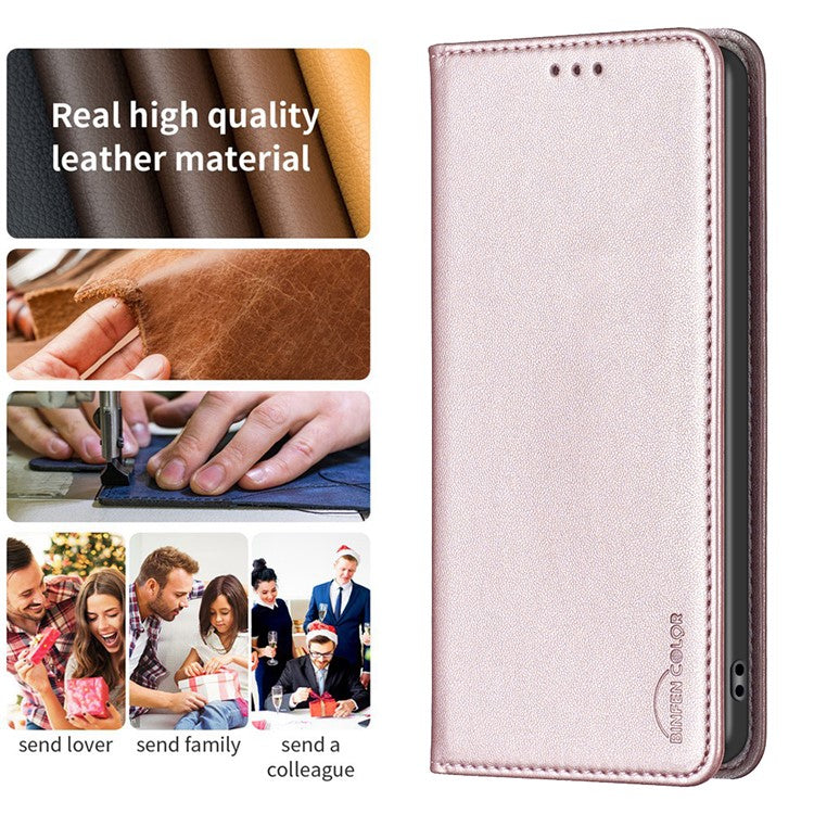 BINFEN COLOR BF18 For Motorola Moto E13 4G Card Slot Design Phone Cover Leather Stand Phone Case - Rose Gold