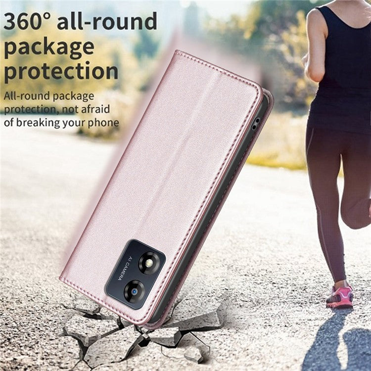 BINFEN COLOR BF18 For Motorola Moto E13 4G Card Slot Design Phone Cover Leather Stand Phone Case - Rose Gold