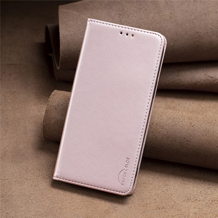 BINFEN COLOR BF18 For Motorola Moto E13 4G Card Slot Design Phone Cover Leather Stand Phone Case - Rose Gold
