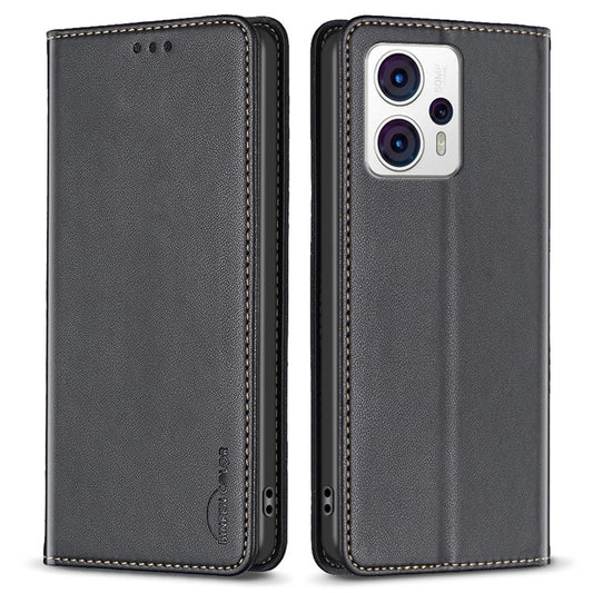 BINFEN COLOR BF18 For Motorola Moto G13 4G / G23 4G / G53 5G Anti-Scratch Phone Case PU Leather Card Slot Stand Cover - Black