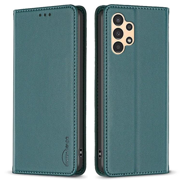 BINFEN COLOR BF18 PU Leather Case for Samsung Galaxy A13 4G / 5G , Card Slot Stand Magnetic Flip Phone Cover - Green