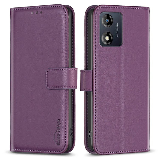 BINFEN COLOR BF17 For Motorola Moto E13 4G Flip Wallet Phone Case PU Leather Stand Magnetic Cover - Dark Purple