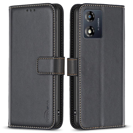 BINFEN COLOR BF17 For Motorola Moto E13 4G Flip Wallet Phone Case PU Leather Stand Magnetic Cover - Black