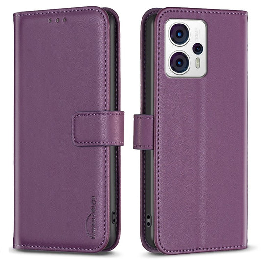 BINFEN COLOR BF17 For Motorola Moto G13 4G / G23 4G / G53 5G Magnetic Phone Case Wallet Leather Phone Stand Cover - Dark Purple