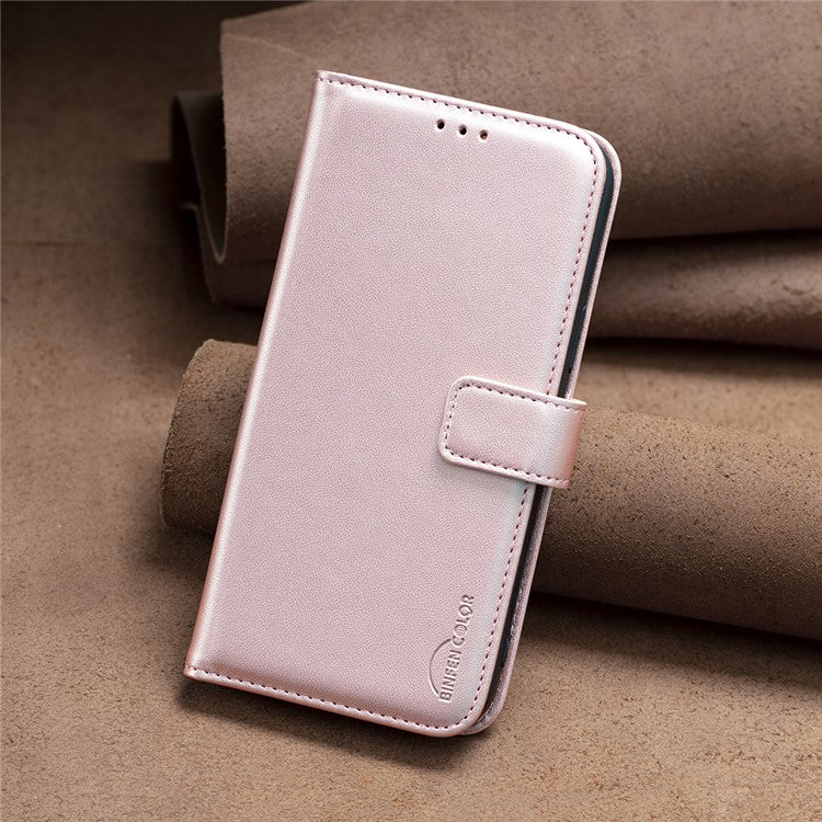 BINFEN COLOR BF17 For Motorola Moto G13 4G / G23 4G / G53 5G Magnetic Phone Case Wallet Leather Phone Stand Cover - Rose Gold