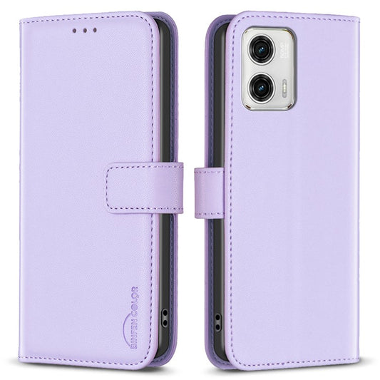 BINFEN COLOR BF17 Wallet Leather Phone Cover For Motorola Moto G73 5G Magnetic Closure Phone Stand Case - Purple