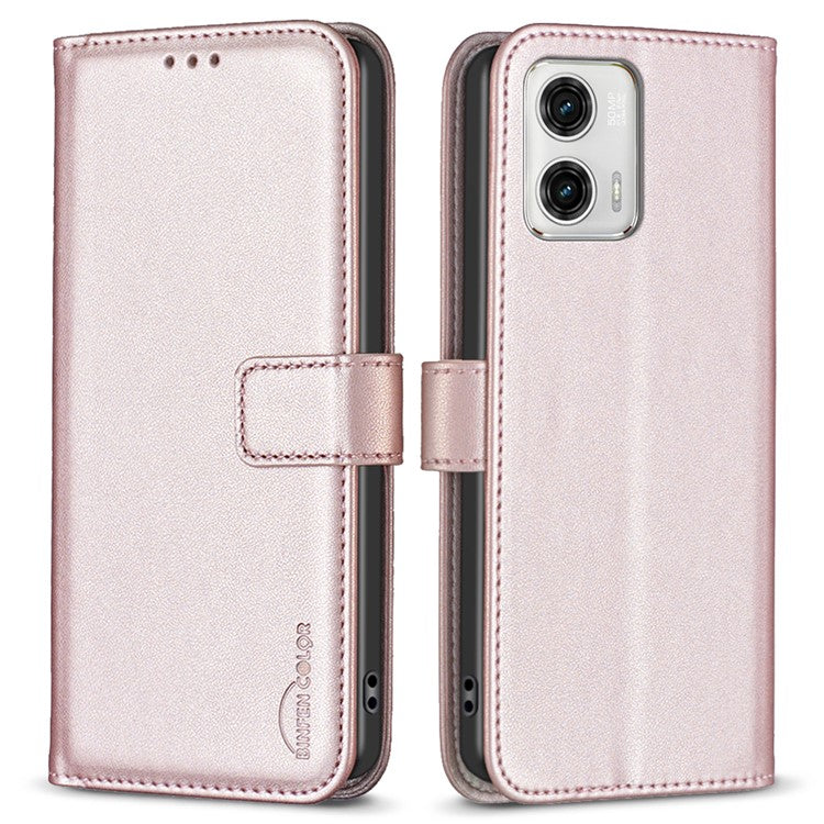 BINFEN COLOR BF17 Wallet Leather Phone Cover For Motorola Moto G73 5G Magnetic Closure Phone Stand Case - Rose Gold